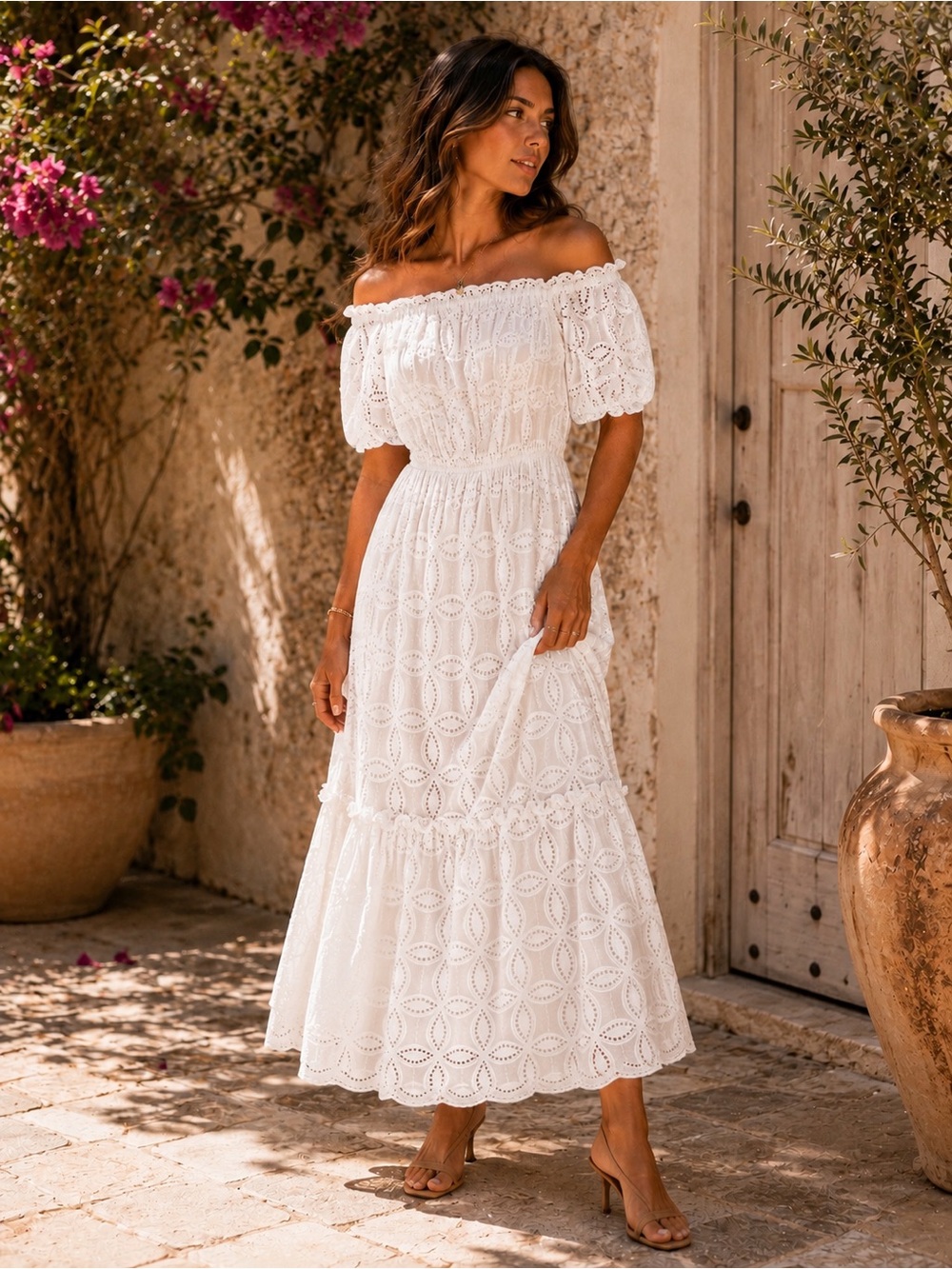 Evernew Melbourne Beth broderie off the shoulder Tiered Midi Dress in white